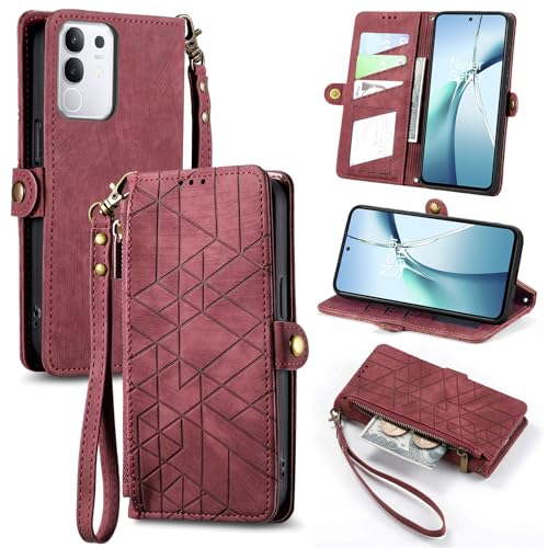 COQUE Hülle für Vivo Y29 4G Handyhülle, mit [Kartenfach][Umhängeband][Reißverschlusstasche], stoßfeste Schutzhülle aus PU-Leder, Schale für Vivo Y29 4G-Rot von COQUE