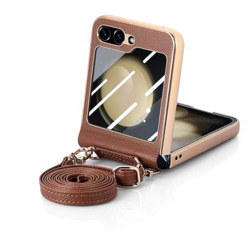 COQUE Lederhülle für Galaxy Z Flip 5 Handys,schlanke glänzende Goldhülle mit Schutzfolie,Crossbody Long Rope Faltbare Handyhülle für Samsung Galaxy Z Flip 5 5G-Braun von COQUE