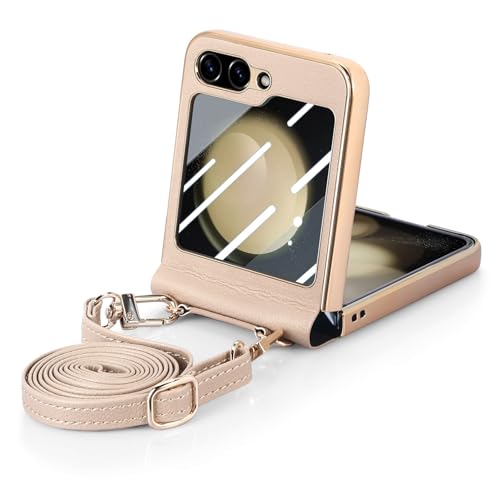 COQUE Lederhülle für Galaxy Z Flip 5 Handys,schlanke glänzende Goldhülle mit Schutzfolie,Crossbody Long Rope Faltbare Handyhülle für Samsung Galaxy Z Flip 5 5G-Khaki von COQUE