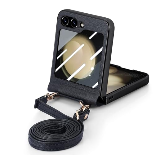 COQUE Lederhülle für Galaxy Z Flip 5 Handys,schlanke glänzende Goldhülle mit Schutzfolie,Crossbody Long Rope Faltbare Handyhülle für Samsung Galaxy Z Flip 5 5G-Schwarz COQUE Lederhülle für Galaxy Z Flip 5 Handys,schlanke glänzende Goldhülle mit Schutzfolie,Crossbody Long Rope Faltbare Handyhülle für Samsung Galaxy Z Flip 5 5G-Schwarz von COQUE