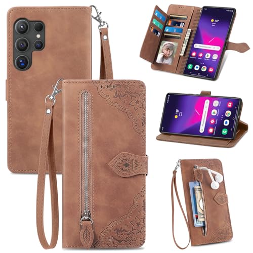 COQUE Reißverschluss-Brieftaschenhülle für Samsung Galaxy S25 Ultra mit Kartensteckplatz, Ständer und Umhängeband, stoßfeste, Florale PU-Lederhülle für Samsung Galaxy S25 Ultra Hülle-Braun COQUE Reißverschluss-Brieftaschenhülle für Samsung Galaxy S25 Ultra mit Kartensteckplatz, Ständer und Umhängeband, stoßfeste, Florale PU-Lederhülle für Samsung Galaxy S25 Ultra Hülle-Braun von COQUE
