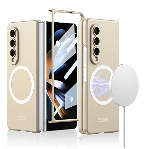 COQUE Samsung Galaxy Z Fold 4 Hülle, ultradünne Schale temperierte Folie integrierte magnetische drahtlose Ladeklapphandyabdeckung, passend für Samsung Galaxy Z Fold 4 5G-Champagner Gold von COQUE