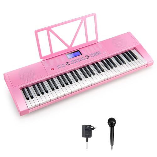 COSTWAY 61 Tastatur Elektroklavier, Digitale Keyboard tragbar (255 Rhythmen, 255 Töne und 24 Demos) Digitalpiano Set für Kinder und Erwachsene (Rosa) von COSTWAY