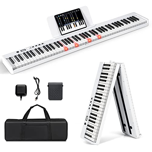 COSTWAY 88 Tastatur Elektroklavier faltbar, Digitale Keyboard tragbar (128 Rhythmen, 128 Töne und 20 Demos) Digitalpiano Set für Kinder und Erwachsene (Weiß) von COSTWAY
