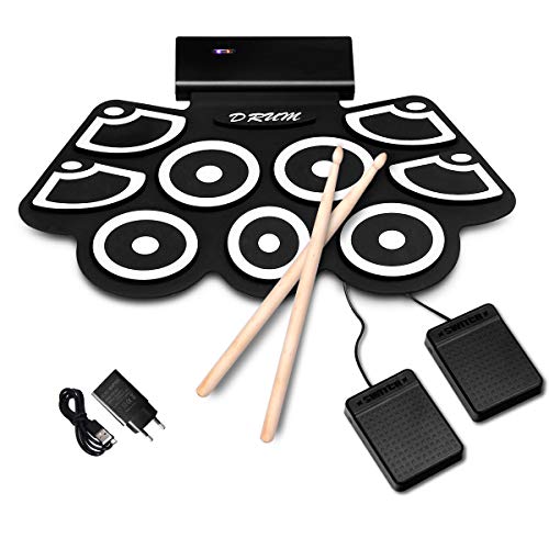 COSTWAY 9 Pads E-Drum, elektronisches Schlagzeug Set mit Bluetooth, Roll-Up-Trommel inkl. Pedale und Drumsticks für Kinder und Anfänger, schwarz von COSTWAY
