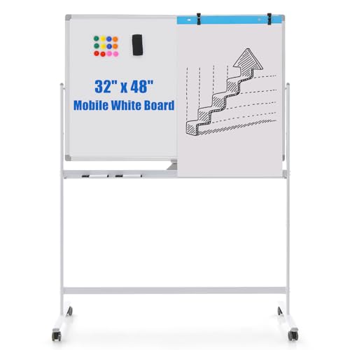 COSTWAY Doppelseitiges mobiles Whiteboard, 120 x 80 cm, höhenverstellbares magnetisches Whiteboard mit Rollen, Ständer und Stiftablage, inkl. Zubehör für Schule, Büro, Zuhause (Weiß) von COSTWAY