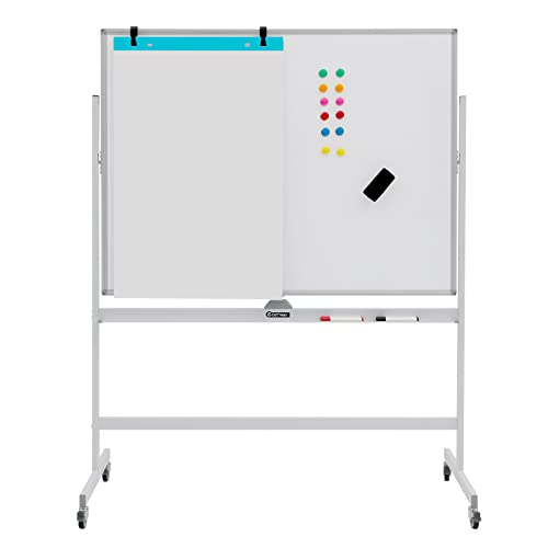 COSTWAY Doppelseitiges mobiles Whiteboard, 120 x 90 cm, höhenverstellbares magnetisches Whiteboard mit Rädern & Ständer, rollende Weißtafel inkl. Zubehör für Klassenzimmer Büro Hause von COSTWAY