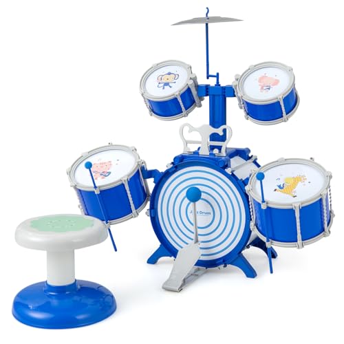 COSTWAY Kinder Schlagzeug Set, Trommel Set mit Hocker, Notenständer & Fußpedal, Schlaginstrument Drum Set für Kinder ab 3 Jahren von COSTWAY