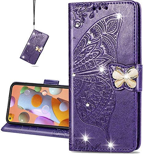 COTDINFOR Compatible with Xiaomi Redmi Note 8 Pro Hülle,Diamant Kristall Schutzhülle Magnet Handytasche Kartenfächer Lederhülle Flip Handyhüllen für Redmi Note 8 Pro Cover Diamond Butterfly Purple SD von COTDINFOR