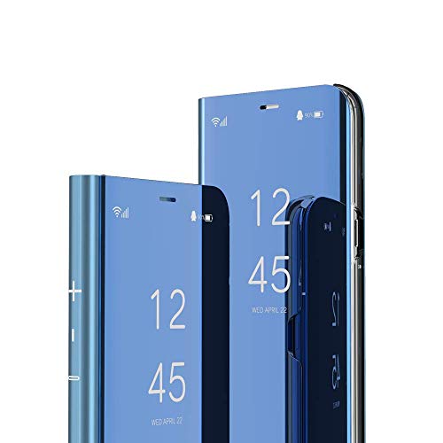 COTDINFOR Huawei P20 Lite Spiegel Ledertasche Handyhülle Cool Männer Mädchen Slim Clear Crystal Spiegel Flip Ständer Etui Hüllen Schutzhüllen für Huawei P20 Lite Mirror PU Blue MX. von COTDINFOR