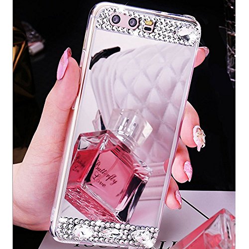 COTDINFOR Huawei P8 lite Hülle Bling Glitzer Diamant Spiegel Schutzhülle Kristall Strass Ständer Halter Stoßdämpfend TPU Silikon Handy Crystal Etui für Huawei P8 lite Diamonds Mirror TPU Silver. von COTDINFOR