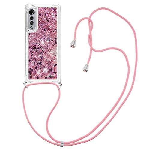 COTDINFOR Kompatibel mit LG Velvet 5G Hülle Flüssigkeit Glitzer Flip Cover Protective Sparkle Floating Bling Silikon Lanyard Handyhüllen für LG G9 Velvet/LG Velvet TPU Rose Love YB. von COTDINFOR