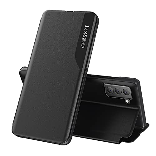 COTDINFOR Samsung S21 FE Hülle mit Sichtfenster Premium Leder Bookstyle Schutzhülle Smart View Flip Case Cover Handyhülle etui mit Klappbarer Ständer Handy-Hülle Galaxy S21 FE Schwarz CC. von COTDINFOR