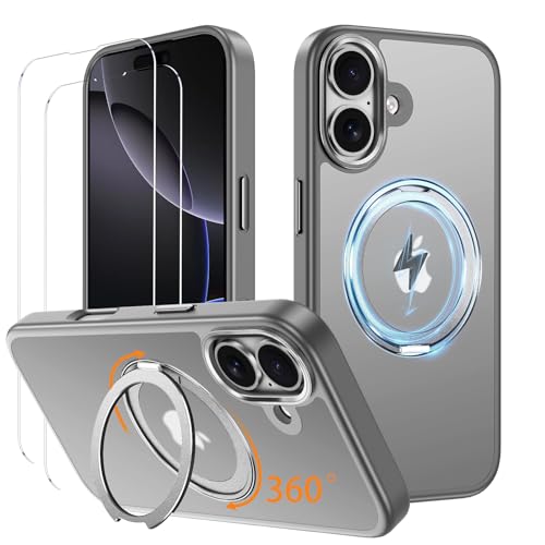COTDINFOR Schutzhülle für iPhone 16 Plus, mit Ständer, kompatibel mit Mag-Safe, mit 2 Displayschutzfolien, matt, durchscheinend, langlebig, stoßfest, magnetisch, für iPhone 16 Plus, 6,7 Zoll, Grau von COTDINFOR