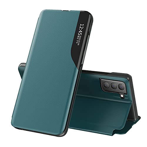 COTDINFOR kompatibel mit Samsung S21 FE Hülle mit Sichtfenster Premium Leder Schutzhülle Smart View Flip Handyhülle etui mit Klappbarer Ständer Handy-Hülle Galaxy S21 FE Cyan CC. von COTDINFOR
