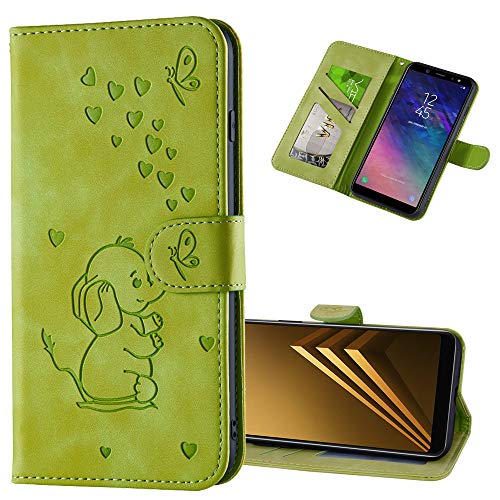 COTDINFORCA Huawei Y6 2018 Hülle Flip,Art Elefanten Herzförmig Schutzhülle PU Leder Etui Handy Tasche mit Magnet Standfunktion Cover Handyhülle für Huawei Honor 7A Love Elephant Green. von COTDINFOR