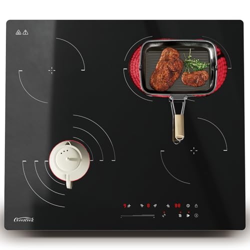 COVERCOOK 60cm Cerankochfeld, 4 Zonen Kochfelder mit Autark, Bräterzone, Slider-Bedienung, 9 Heizstufen, Kindersicherung, Einbau Glaskeramikkochfeld, 6700W von COVERCOOK