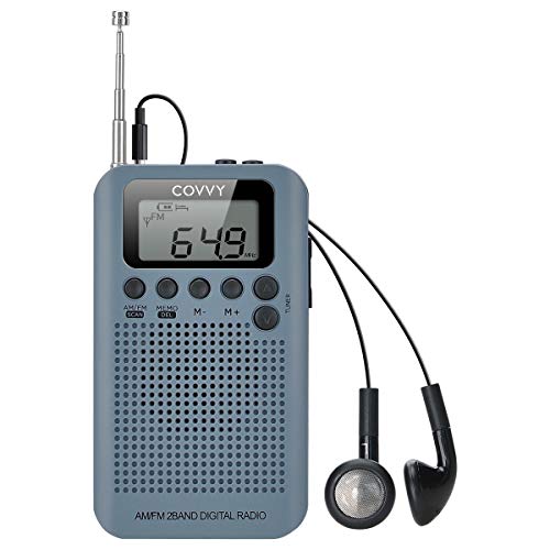 AM FM 2-Band-Radio COVVY Digital 12 / 24H-Zeitanzeige Radio Batteriebetriebenes Radio Persönliches Stereo-Radio mit Kopfhörer, Lautsprecher, Wecker und Timer zum Laufen Laufen Joggen (Gray) von COVVY