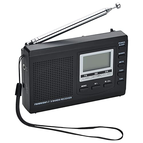 COVVY AM/FM / SW1-7 Tragbarer 9-Band-Radioempfänger mit Lautsprechern und Kopfhörern, ausgezeichneter Empfangszeitanzeige, Alarm, Schlaftimer, Batteriebetrieb (1032-BK) von COVVY