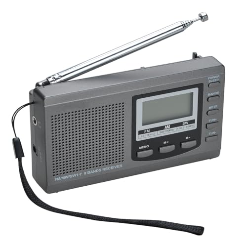 COVVY AM/FM / SW1-7 Tragbarer 9-Band-Radioempfänger mit Lautsprechern und Kopfhörern, ausgezeichneter Empfangszeitanzeige, Alarm, Schlaftimer, Batteriebetrieb (1032-GY) von COVVY