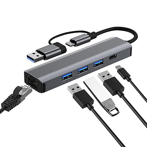 COVVY USB C Hub, 5-in-2 Type-C/USB 3.0 Dual Conversion Adapter, 3* USB 3.0, 100W PD Ladeanschlüsse, RJ45 Netzwerkschnittstelle, geeignet für PCs, Laptops, Handys. von COVVY