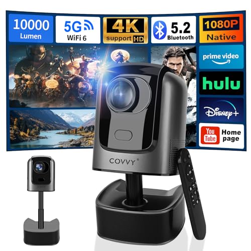 COVVY einziehbarer Projektor mit Schwenk-/Neigefunktion,Full HD 1080P Heimkino-Videoprojektoren mit WLAN und Bluetooth,unterstützt 4K,tragbares Outdoor-Heimkino für Phone/Tablet/PC(Schwarz) von COVVY