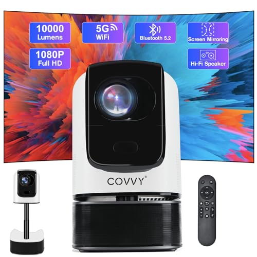 COVVY einziehbarer Projektor mit Schwenk-/Neigefunktion,Full HD 1080P Heimkino-Videoprojektoren mit WLAN und Bluetooth,unterstützt 4K,tragbares Outdoor-Heimkino für Phone/Tablet/PC/TV-Stick(Weiß) von COVVY