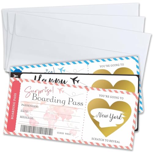 CPJJ 3er Set Überraschungs Flugticket Geschenk DIY Rubbelkarte mit Umschlag flugticket geschenk reisegutschein boarding pass geschenk verpackung pass reise geschenk- Reise Geschenkverpackung von CPJJ
