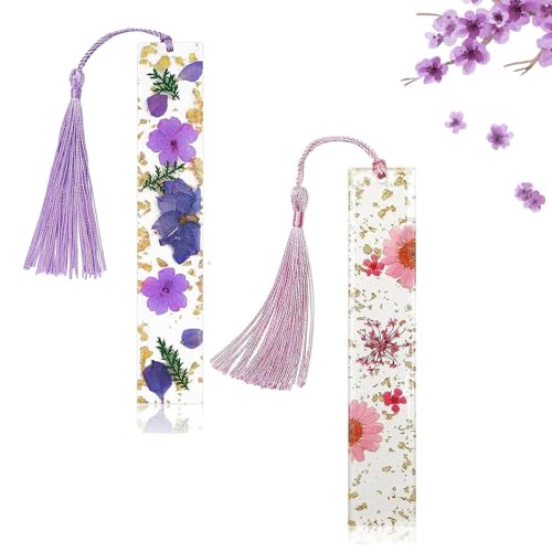 2 Stück Getrocknete Blumen Harz Lesezeichen,Bookmark,Lesezeichen MäDchen,Lesezeichen Personalisiert,Transparent Geprägtes Lesezeichen Handgemachte Blume Marker Quaste Nettes Lesezeichen(Rosa+Lila) von CPRNQY