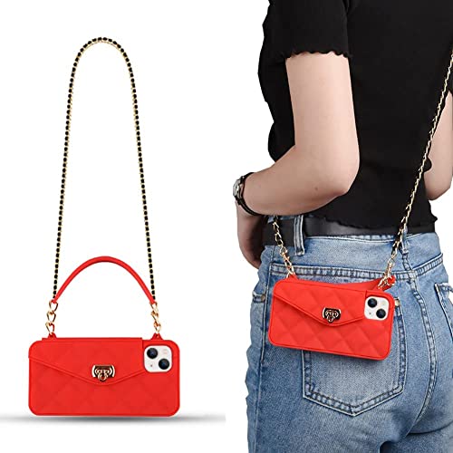 CQUUKOI für iPhone 13 Pro Hülle,Crossbody-Handyhülle Niedliche Brieftasche Handyhülle mit Lanyard Schultergurt Kreditkarteninhaber Weiches Silikon Handtasche Telefonkasten für Mädchen Frauen Rot von CQUUKOI