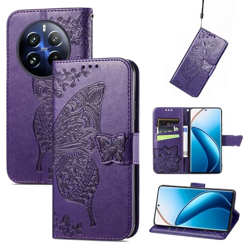 CRAVEN Hülle für Realme 12 Pro Plus (Pro+) / Realme 12 Pro 5G Flip Case, 3D Schmetterling Geprägte Prägung Handyhülle, Leder Schutzhülle mit Kartenfach Standfunktion.Dark Purple von CRAVEN