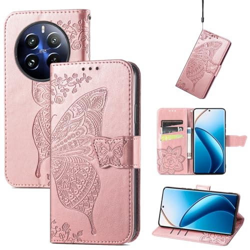 CRAVEN Hülle für Realme 12 Pro Plus (Pro+) / Realme 12 Pro 5G Flip Case, 3D Schmetterling Geprägte Prägung Handyhülle, Leder Schutzhülle mit Kartenfach Standfunktion.Rosé Gold von CRAVEN