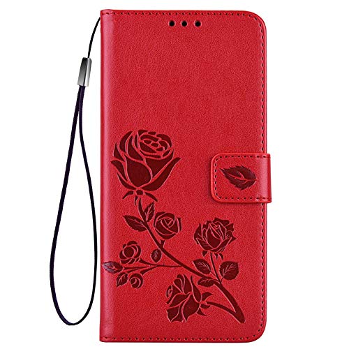 CRAVEN Hülle für Samsung Galaxy A55 5G, 3D Rose Geprägte Prägung Handyhülle Flip Case, Premium Leder Schutzhülle mit Kartenfach Standfunktion. Rot von CRAVEN