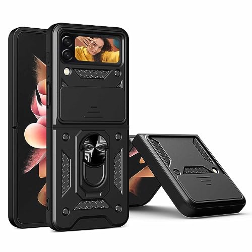 CRAVEN Hülle für Samsung Galaxy Z Flip 4 (Z Flip4) 5G, TPU im Inneren + Anti-Scratch PC, Handyhülle Schutzhülle mit Ringhalter und Verschiebbare Kameraabdeckung - Schwarz von CRAVEN