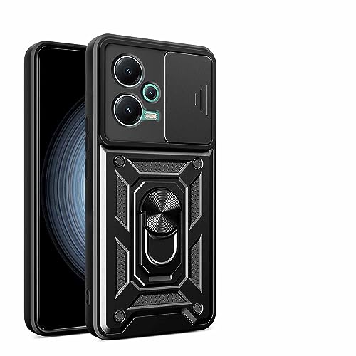 CRAVEN Hülle für Xiaomi Poco F5, TPU im Inneren + Anti-Scratch PC, Handyhülle Schutzhülle mit Ringhalter und Verschiebbare Kameraabdeckung - Schwarz von CRAVEN