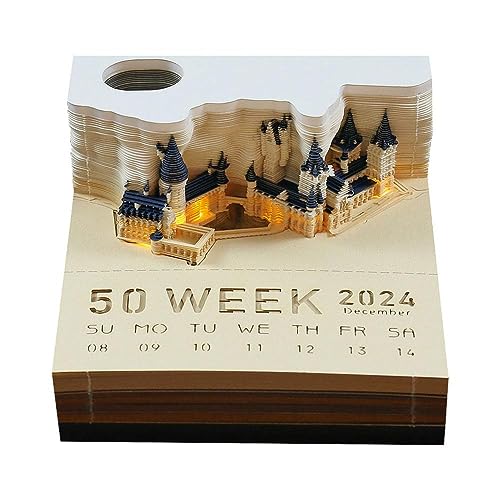 2024 3D-Tischkalender, 3D-Papierkunst-Notizblock, kreativer Schreibtisch-3D-Kalender, Notizblock, magisches Schloss Schreibtischkalender mit LED-Lichtern, Papierschnitzerei, Kunst, Handwerk, von CRDWN
