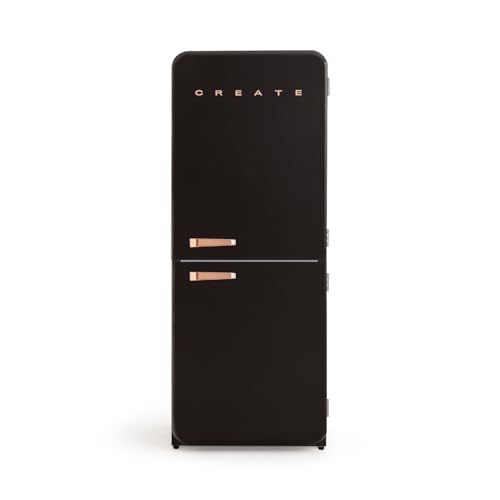 CREATE / RETRO FRIDGE FRIDGE COMBI 185 ROSE GOLD/Kombi-Kühlschrank mit Gefrierfach 401L in Schwarz, Griff Rosa-Gold / 190W, No Frost System, 3 Ablagen, 2 Schubladen, Temperaturregler, 70x65x185 cm von CREATE