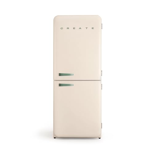 CREATE / RETRO FRIDGE FRIDGE COMBI 185 SAGE/Kombi-Kühlschrank mit Gefrierfach 401L in Cremeweiß, Griff Salbeigrün / 190W, No Frost System, 3 Ablagen, 2 Schubladen, Temperaturregler, 70x65x185 cm von CREATE