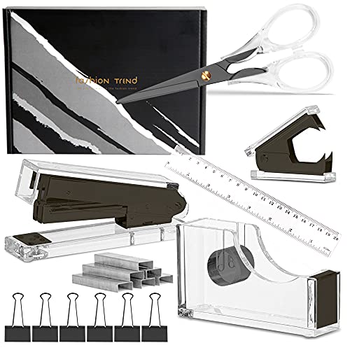 Schreibwaren-Set aus Acryl, Schwarz, 16 cm Schere, Klebebandspender, Klammerentferner, Hefter, 6 Binder-Clips und 1000 Heftklammern, Büroangestellte und Studenten, Schreibtischzubehör von CREECHWA