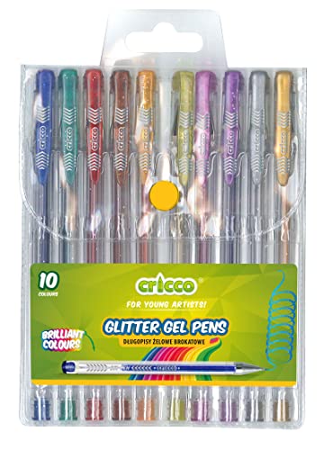 CRICCO Glitter Gel Stifte, 10er Set, leuchtende Farben, glattes Schriftbild, 0,7 mm, bis zu 150 m Schreiblänge, Kunststoffetui von CRICCO