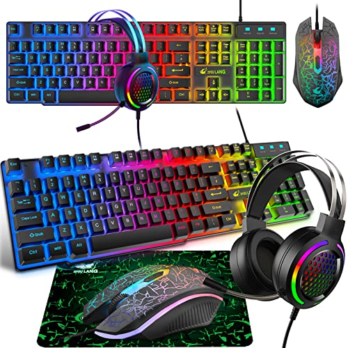 Gaming Tastatur Headset & Maus Set, 104 Tasten Rainbow Backlit UK Layout Tastatur 2400DPI Maus 7.1 Surround Sound RGB Leichte Waben Headset Mauspad Kombination für PS4 Xbox(Need Adapter) Schwarz von CROSS ZEBRA