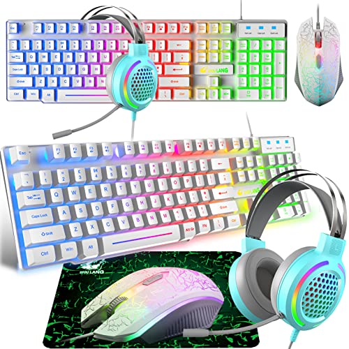 Gaming Tastatur Headset & Maus Set, 104 Tasten Rainbow Backlit UK Layout Tastatur 2400DPI Maus 7.1 Surround Sound RGB Leichte Waben Headset Mauspad Kombination für PS4 Xbox(Need Adapter) Weiß von CROSS ZEBRA