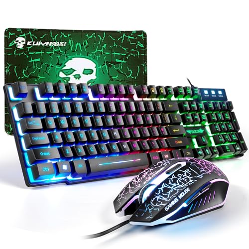 Gaming-Tastatur und Maus-Set, 104 Tasten Rainbow Backlit QWERTY UK Layout-Tastatur + 2400 DPI 4 Tasten Atemmaus + Mauspad-Kombination, USB-Kabel Kompatibel mit PS4 Xbox (Need Adapter) Schwarz von CROSS ZEBRA