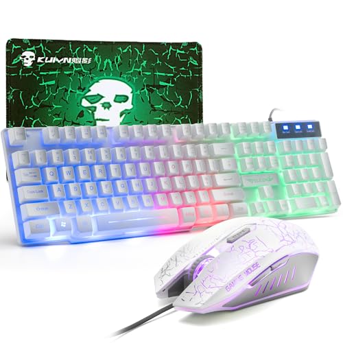 Gaming-Tastatur und Maus-Set, 104 Tasten Rainbow Backlit QWERTY UK Layout-Tastatur + 2400 DPI 4 Tasten Atemmaus + Mauspad-Kombination, USB-Kabel Kompatibel mit PS4 Xbox (Need Adapter) Weiß von CROSS ZEBRA