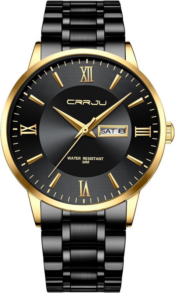 CRRJU Hochwertiges mit 3 bar wasserdicht Klassische Quarzuhr mit Kalender Watch, Mit zuverlässigem, Datumsanzeige und geriffelter leichtes Einstellen von CRRJU