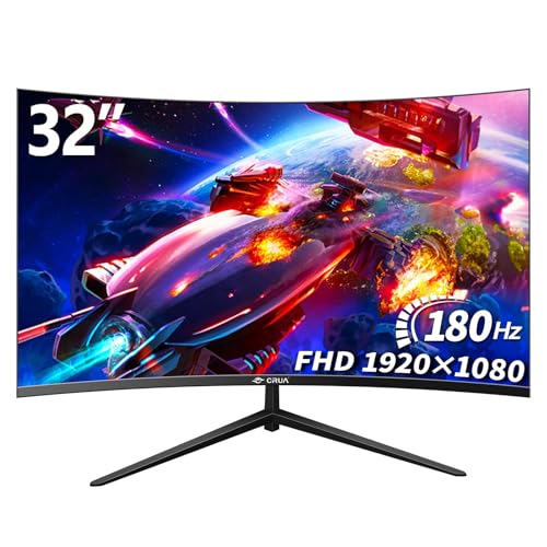 CRUA Gaming Monitor 32 Zoll 180Hz,165Hz 1K,1500R Rahmenloses Curved Monitor, PC Monitor Bildschirm 99% sRGB, 1ms GTG mit FreeSync, geringes blaues Licht, VESA-Montage (HDMI,DP) von CRUA