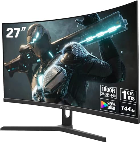 CRUA Gaming Monitor, Curved 27 Inch QHD 144Hz Computer Monitor, 2560 * 1440P 1800R Frameless PC Monitor, 1ms GTG with FreeSync, Low Motion Blur, Eye Care, VESA, DisplayPort/HDMI von CRUA