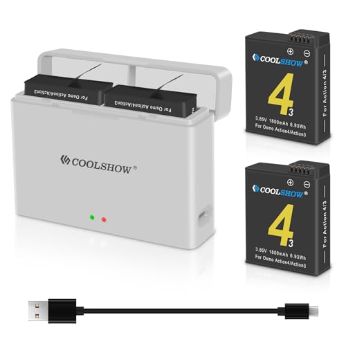 COOLSHOW Osmo Action 4/3 Extreme Akku 1800mAh 2 Stück und Double Osmo Action 4 Akku Ladegerät Set Kompaktes tragbares Ladegerätdesign Kompatibel mit DJI Osmo Action 4,Osmo Action 3 Kamera von CS COOLSHOW