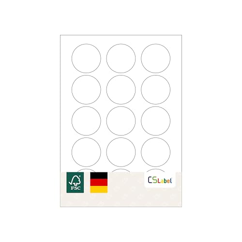 MADE IN GERMANY 1.500 Etiketten selbstklebend 50 mm rund weiß permanent klebend auf Bogen A4 (100 Bögen x 15 Etik.) CS Label – Universaletiketten zum Beschriften und Bedrucken. von CS Webkontor