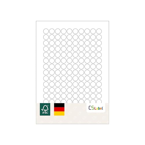 MADE IN GERMANY 750 Etiketten selbstklebend 15 mm rund weiß permanent klebend auf Bogen A4 (5 Bögen x 150 Etik.) CS Label – Universaletiketten zum Beschriften und Bedrucken. von CS Webkontor